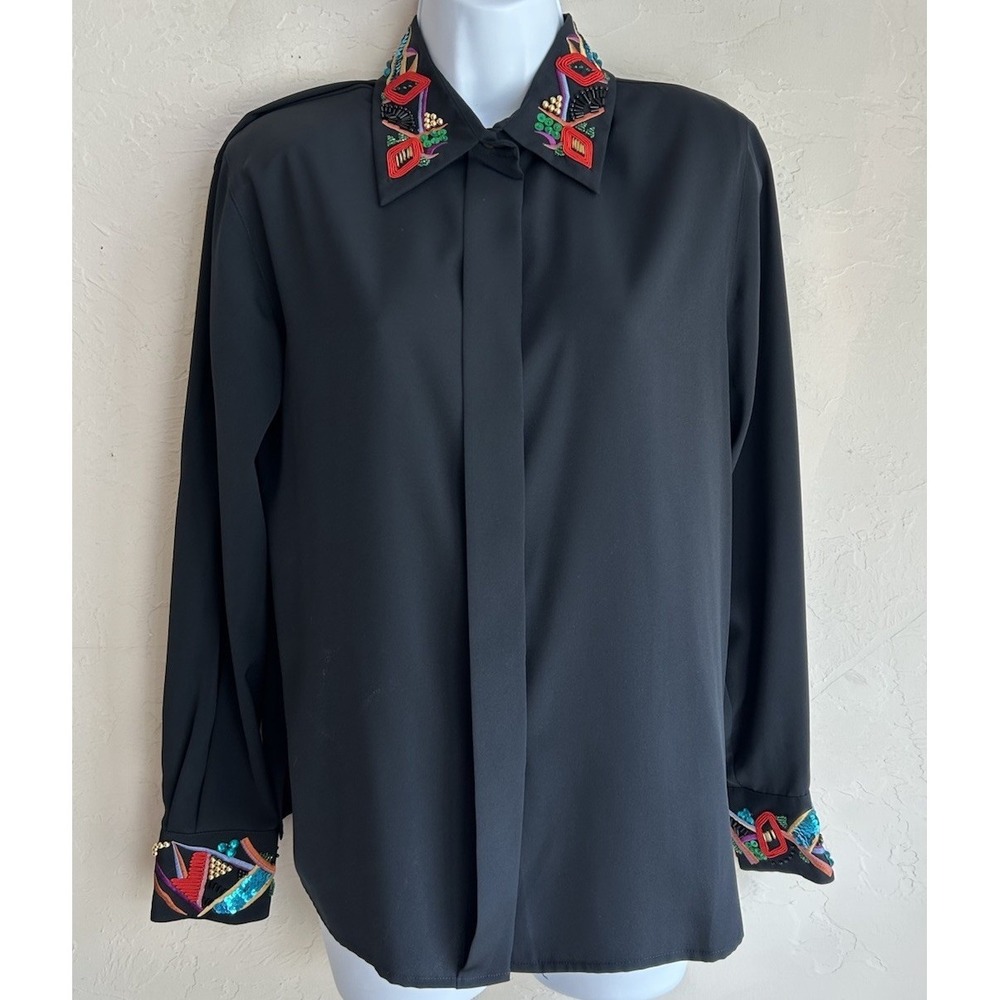 Vintage Yves St. Clair Button Up‎ Top 10 Beaded Embroidered Retro Maximalist